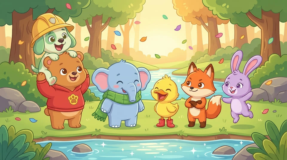 Bruno, Pip, Lulu, Rusty, Sunny and Ellie standing together by the stream