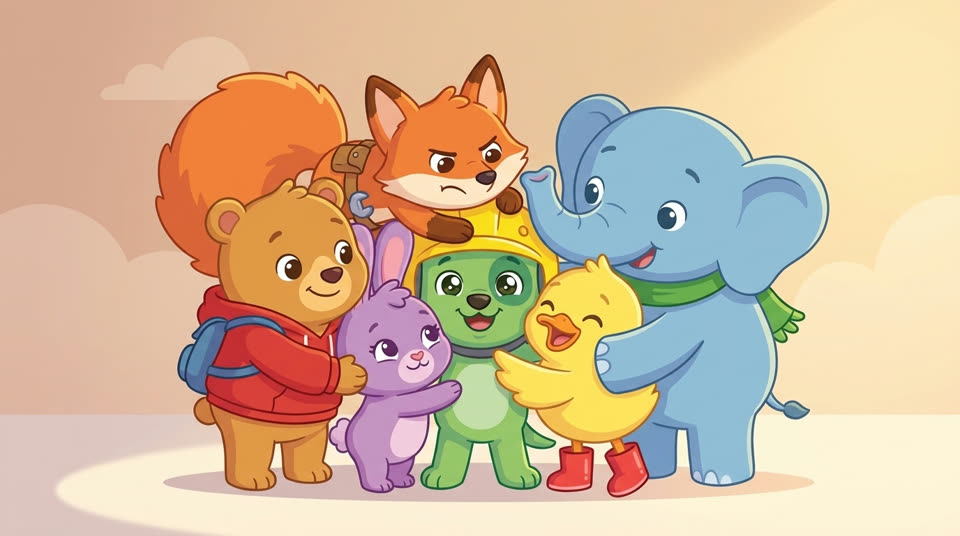 The whole crew in a big group hug